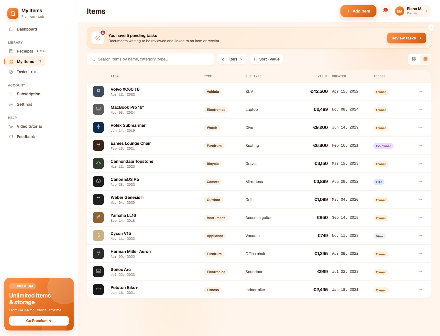 My Items: items in your registry